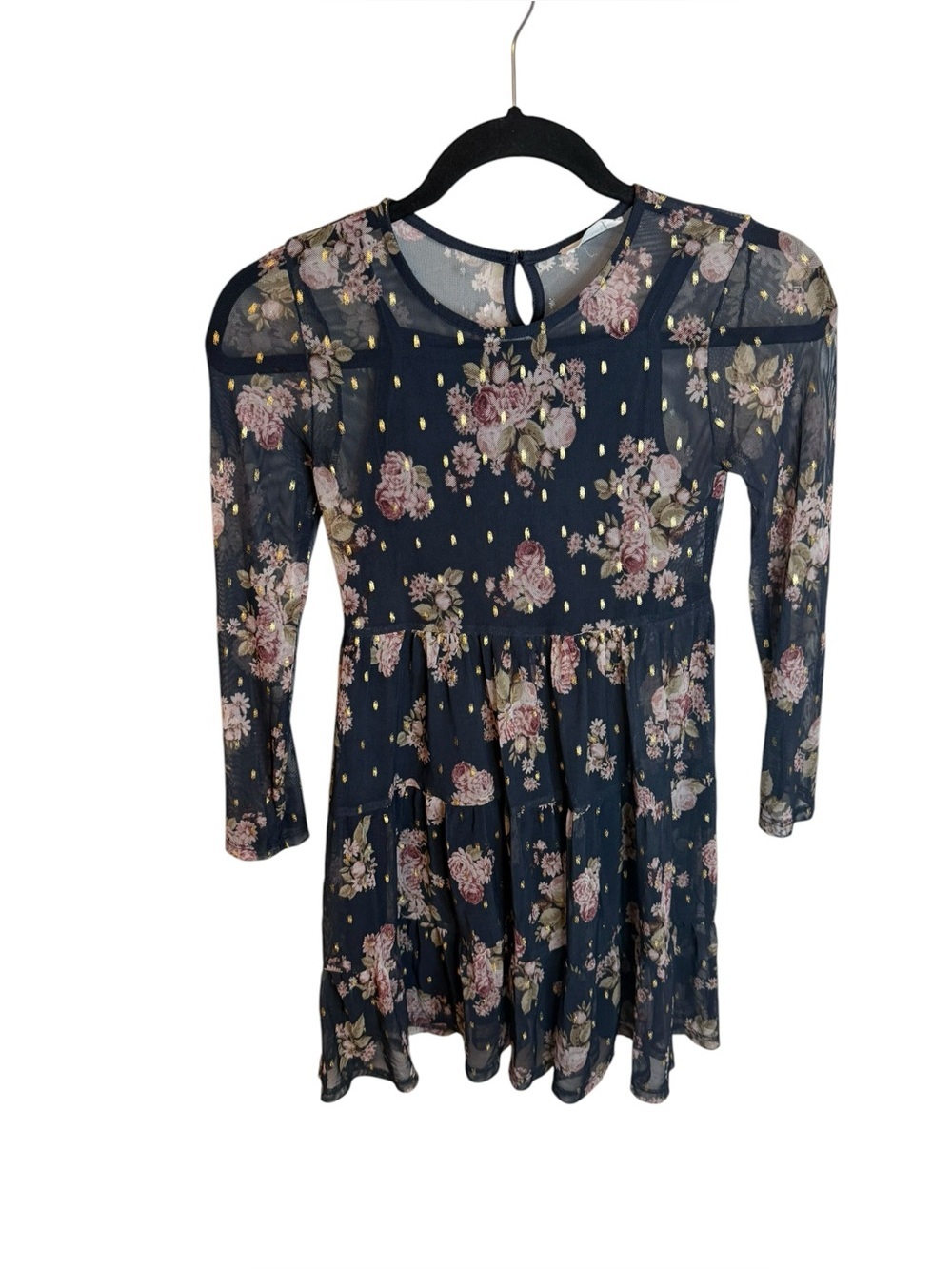 Knit Works Girls Navy Blue Floral Mesh Tiered Dress